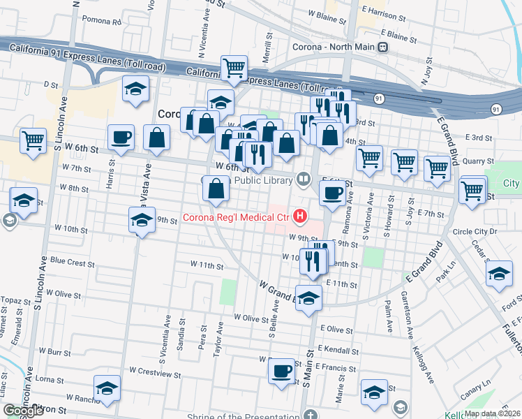 map of restaurants, bars, coffee shops, grocery stores, and more near 424 West 7th Street in Corona