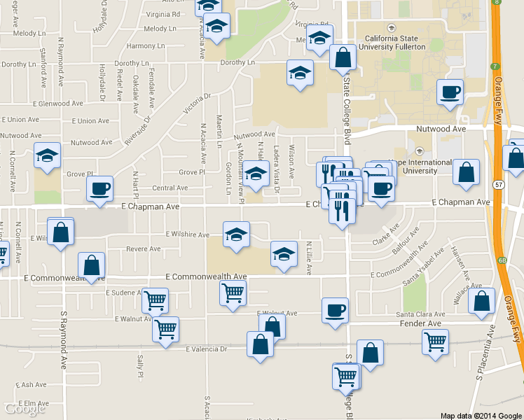 map of restaurants, bars, coffee shops, grocery stores, and more near 2015 East Chapman Avenue in Fullerton