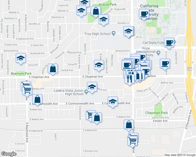 map of restaurants, bars, coffee shops, grocery stores, and more near 2015 East Chapman Avenue in Fullerton