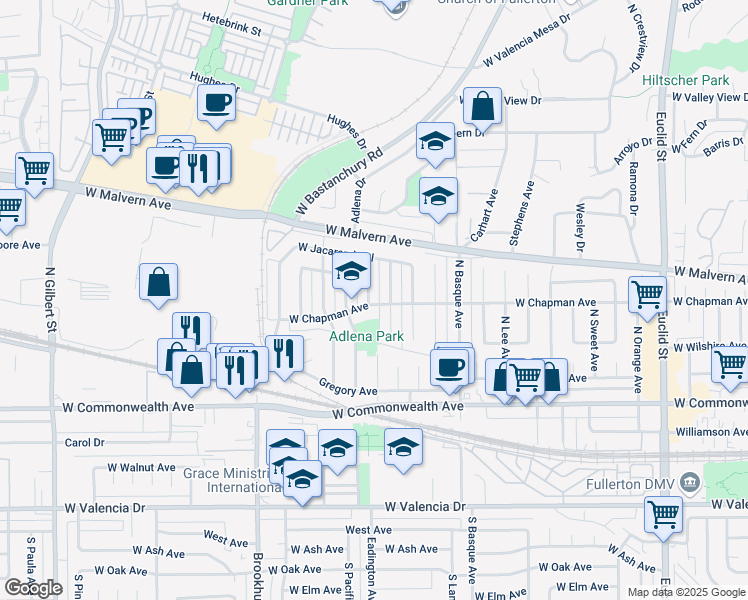 map of restaurants, bars, coffee shops, grocery stores, and more near 413 North Diana Place in Fullerton