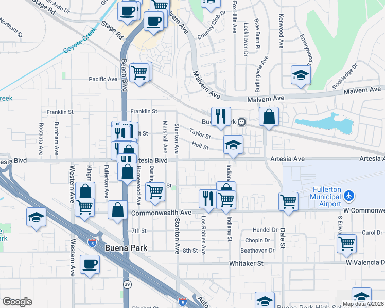 map of restaurants, bars, coffee shops, grocery stores, and more near 8042 Holt Street in Buena Park
