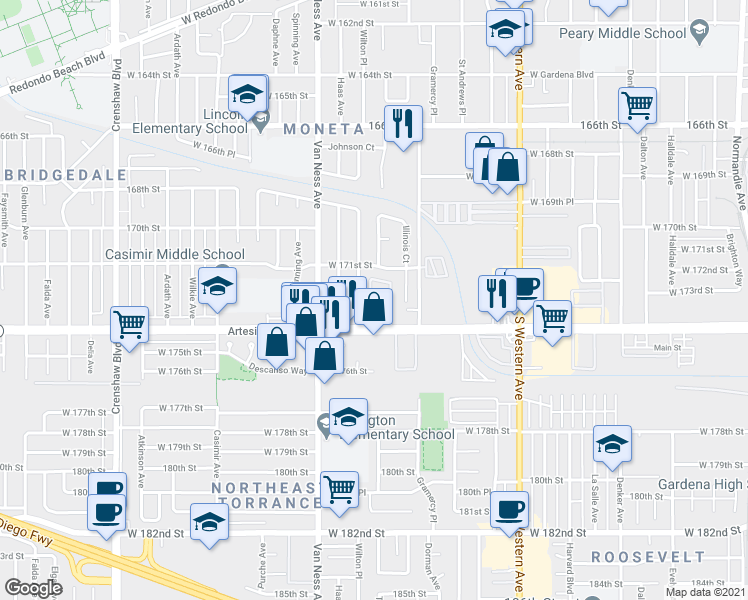 map of restaurants, bars, coffee shops, grocery stores, and more near in Torrance