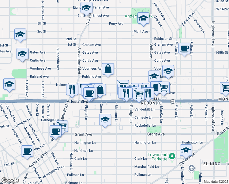 map of restaurants, bars, coffee shops, grocery stores, and more near 2016 Nelson Avenue in Redondo Beach