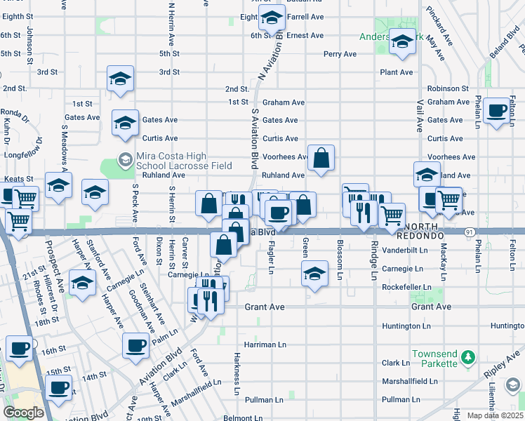 map of restaurants, bars, coffee shops, grocery stores, and more near 2108a Aviation Way in Redondo Beach