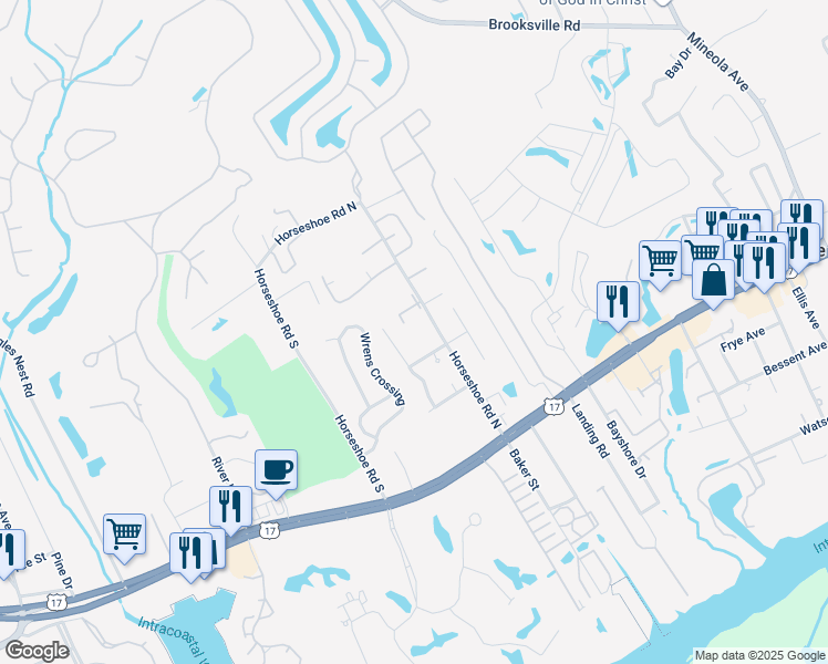 map of restaurants, bars, coffee shops, grocery stores, and more near 4150 Horseshoe Road South in Little River
