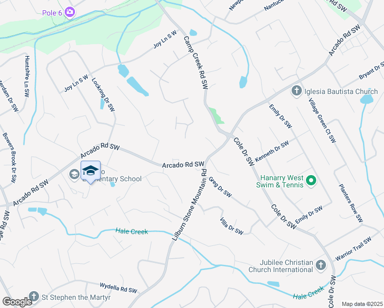 map of restaurants, bars, coffee shops, grocery stores, and more near 4897 Arcado Road Southwest in Lilburn