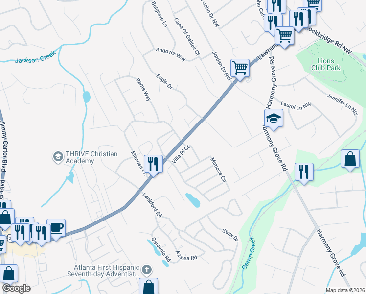 map of restaurants, bars, coffee shops, grocery stores, and more near 155 Villa Place Court in Tucker