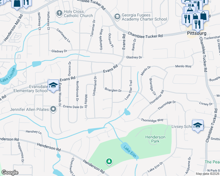 map of restaurants, bars, coffee shops, grocery stores, and more near 2934 Greenrock Trail in Atlanta
