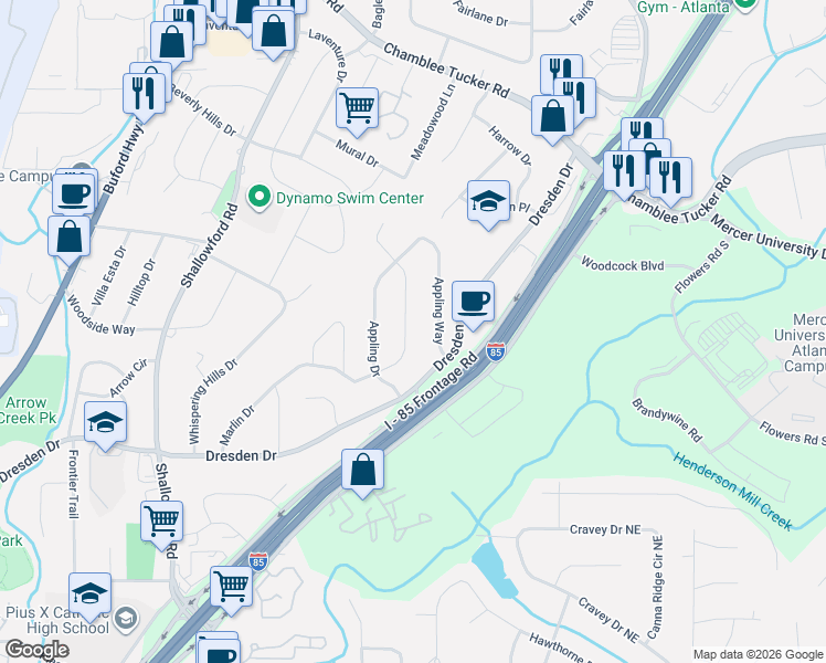 map of restaurants, bars, coffee shops, grocery stores, and more near 2949 Appling Circle in Atlanta