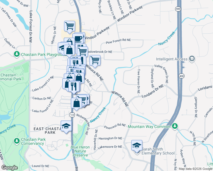 map of restaurants, bars, coffee shops, grocery stores, and more near 340 West Wieuca Road Northeast in Atlanta