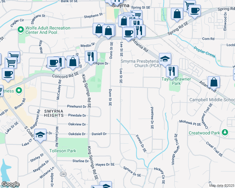 map of restaurants, bars, coffee shops, grocery stores, and more near 3270 Lee Street Southeast in Smyrna
