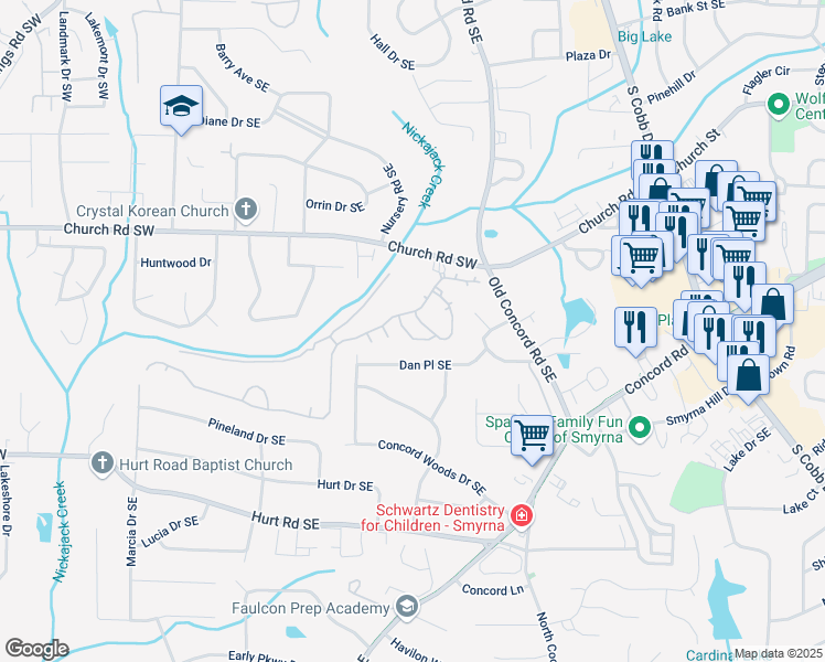 map of restaurants, bars, coffee shops, grocery stores, and more near 3377 Hunters Point Road Southeast in Smyrna