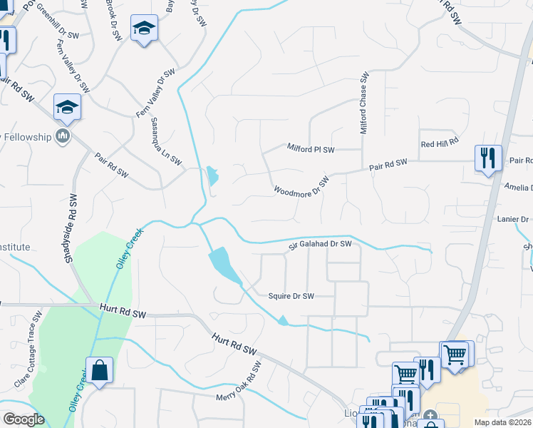 map of restaurants, bars, coffee shops, grocery stores, and more near 1623 Sparrow Wood Lane Southwest in Marietta