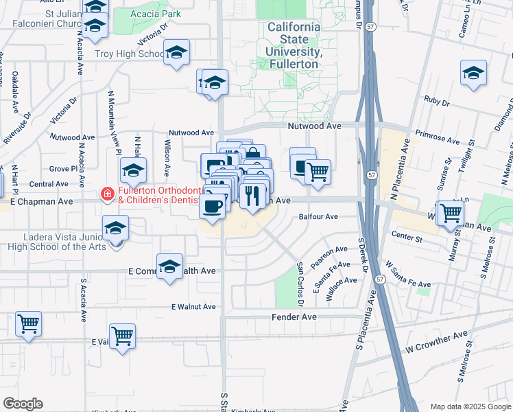 map of restaurants, bars, coffee shops, grocery stores, and more near 2481 E Chapman Ave in Fullerton