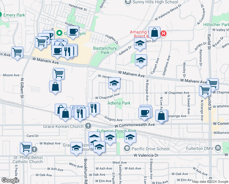 map of restaurants, bars, coffee shops, grocery stores, and more near 404 Adlena Drive in Fullerton