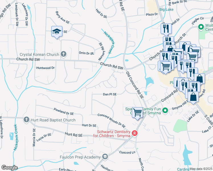 map of restaurants, bars, coffee shops, grocery stores, and more near 3377 Hunters Point Road Southeast in Smyrna