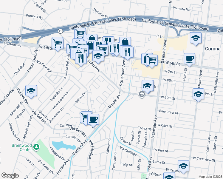 map of restaurants, bars, coffee shops, grocery stores, and more near 1327 Woodbrook Square in Corona
