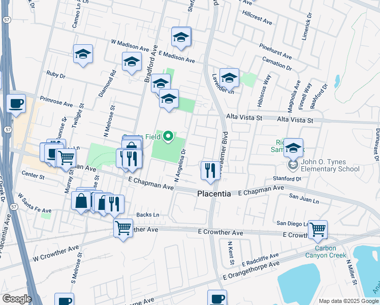 map of restaurants, bars, coffee shops, grocery stores, and more near 410 North Angelina Drive in Placentia