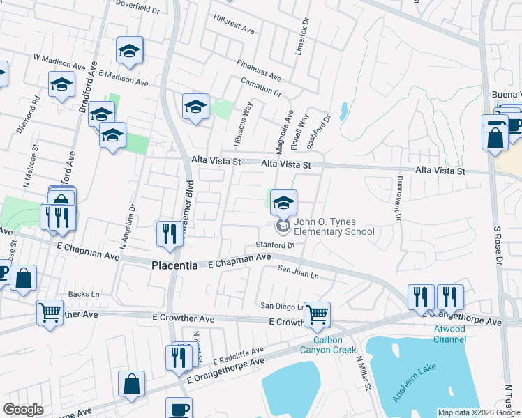 map of restaurants, bars, coffee shops, grocery stores, and more near 549 Fordham Drive in Placentia
