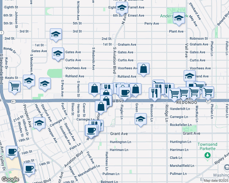 map of restaurants, bars, coffee shops, grocery stores, and more near 2108a Aviation Way in Redondo Beach