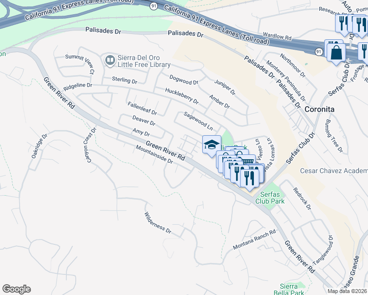 map of restaurants, bars, coffee shops, grocery stores, and more near 1151 Veramar Court in Corona