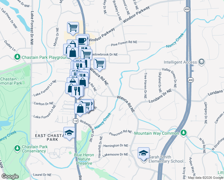 map of restaurants, bars, coffee shops, grocery stores, and more near 340 West Wieuca Road Northeast in Atlanta