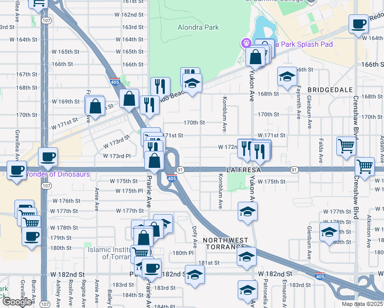 map of restaurants, bars, coffee shops, grocery stores, and more near 3813 West 173rd Street in Torrance