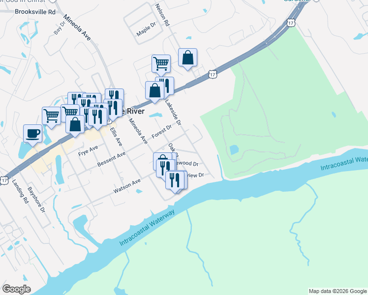 map of restaurants, bars, coffee shops, grocery stores, and more near 4406 Lakeside Drive in Little River