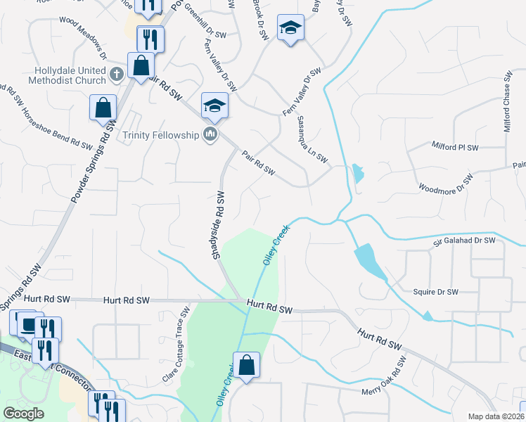map of restaurants, bars, coffee shops, grocery stores, and more near 3348 Holly Ridge Trail Southwest in Marietta