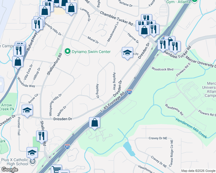 map of restaurants, bars, coffee shops, grocery stores, and more near 2949 Appling Circle in Atlanta