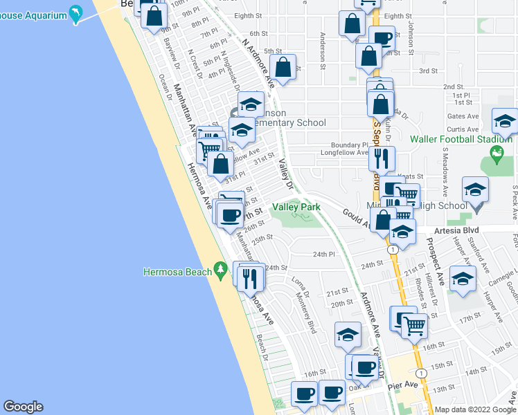 map of restaurants, bars, coffee shops, grocery stores, and more near 339 27th Street in Hermosa Beach