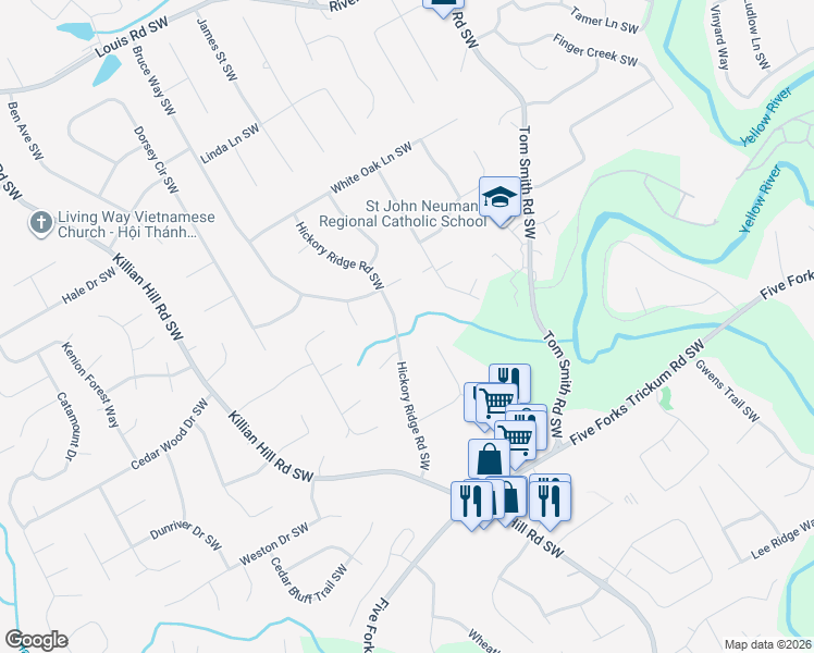 map of restaurants, bars, coffee shops, grocery stores, and more near 784 Hickory Ridge Road Southwest in Lilburn