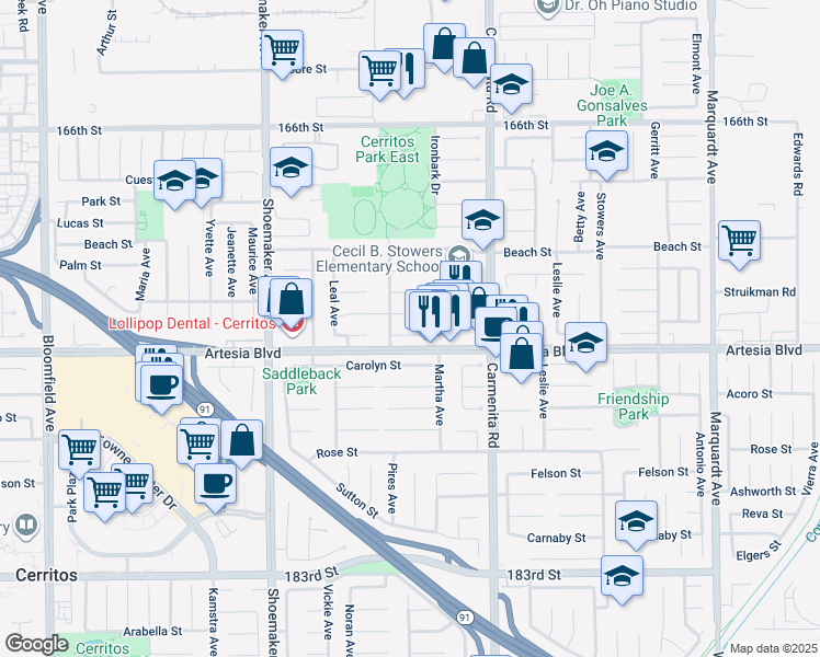 map of restaurants, bars, coffee shops, grocery stores, and more near 13219 Abana Place in Cerritos