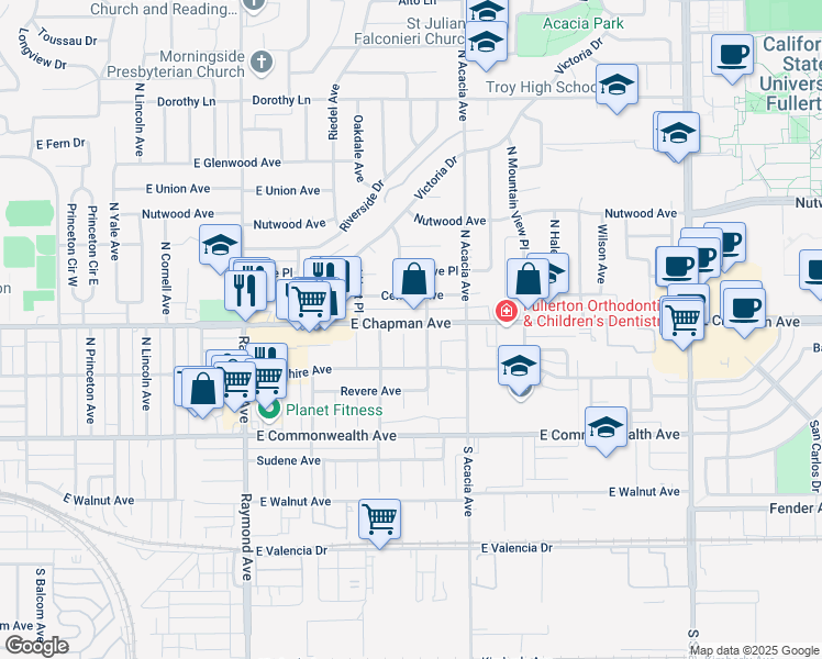 map of restaurants, bars, coffee shops, grocery stores, and more near 1525 East Chapman Avenue in Fullerton