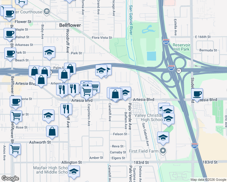 map of restaurants, bars, coffee shops, grocery stores, and more near 10453 Artesia Boulevard in Bellflower