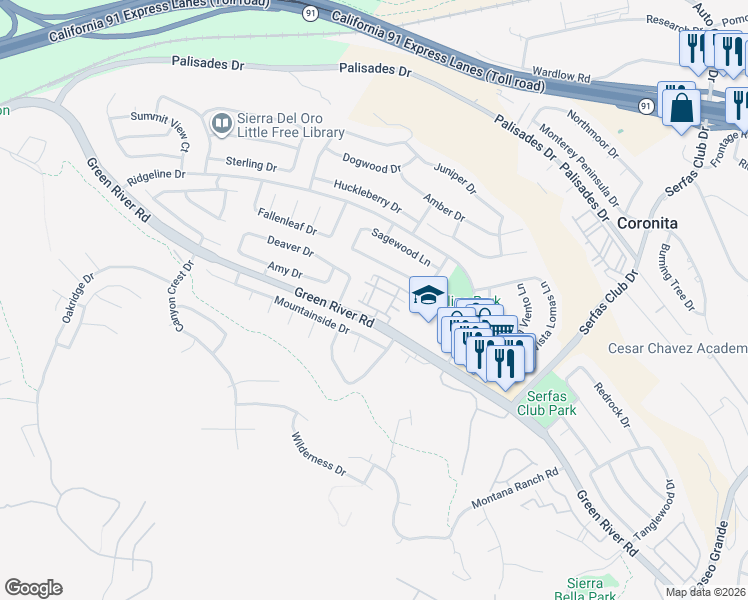 map of restaurants, bars, coffee shops, grocery stores, and more near 1151 Veramar Court in Corona