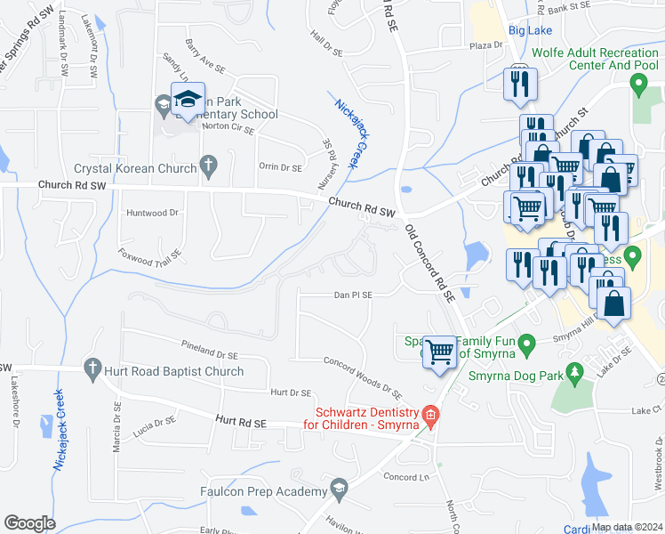 map of restaurants, bars, coffee shops, grocery stores, and more near 3374 Hunters Point Road Southeast in Smyrna