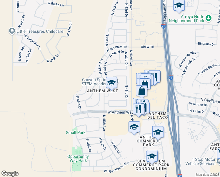 map of restaurants, bars, coffee shops, grocery stores, and more near 42901 North 45th Drive in Phoenix