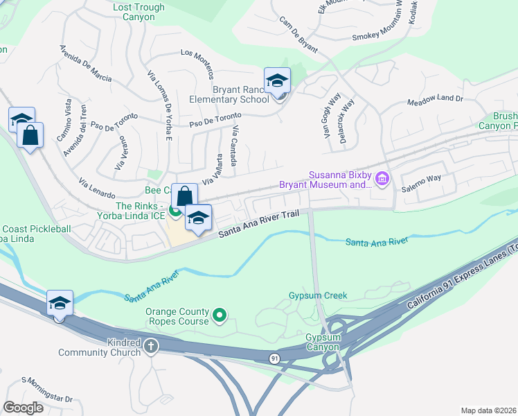 map of restaurants, bars, coffee shops, grocery stores, and more near 23920 Old Pomegranate Road in Yorba Linda