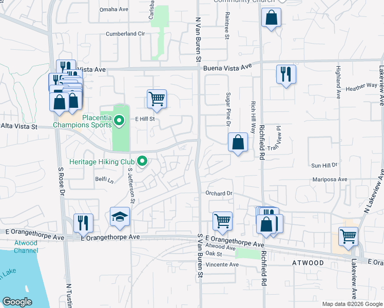 map of restaurants, bars, coffee shops, grocery stores, and more near 1475 Zehner Way in Placentia