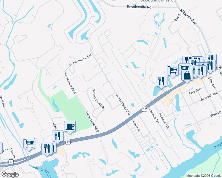 map of restaurants, bars, coffee shops, grocery stores, and more near 4150 Horseshoe Road South in Little River