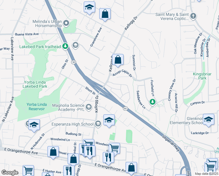 map of restaurants, bars, coffee shops, grocery stores, and more near 19022 Rockwood Drive in Yorba Linda