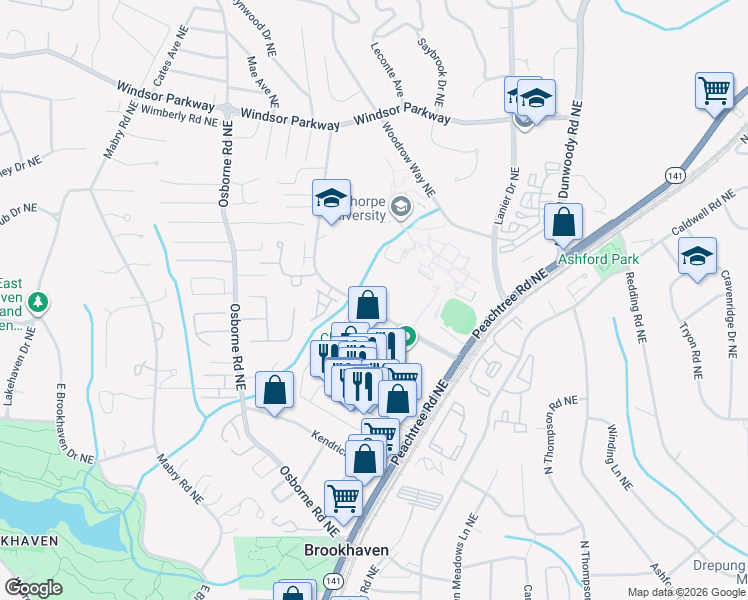 map of restaurants, bars, coffee shops, grocery stores, and more near 4420 Peachtree Road Northeast in Atlanta