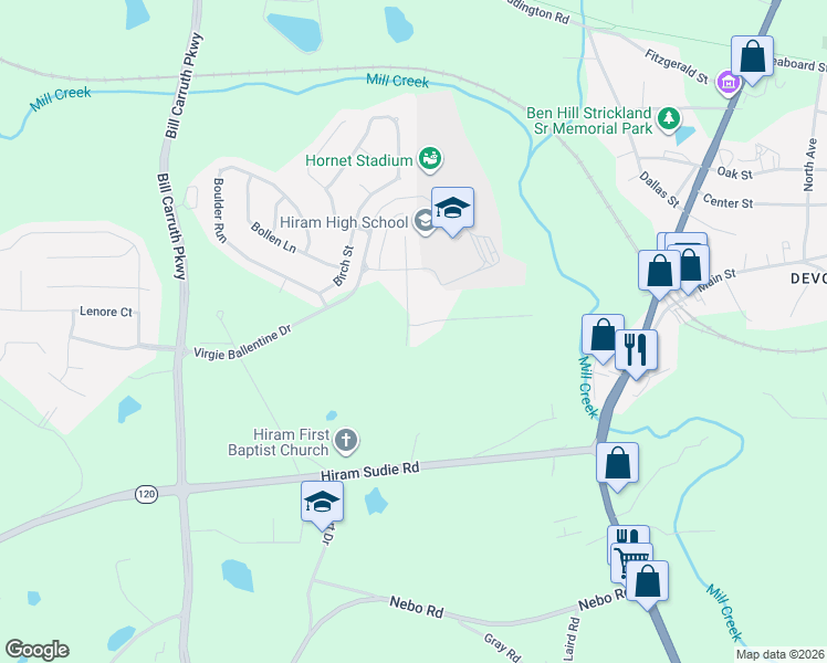 map of restaurants, bars, coffee shops, grocery stores, and more near 99 Calm Waters Avenue in Hiram