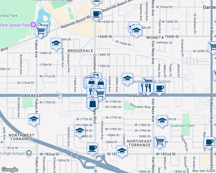 map of restaurants, bars, coffee shops, grocery stores, and more near 17229 Ardath Avenue in Torrance
