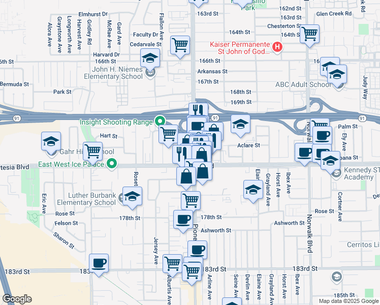 map of restaurants, bars, coffee shops, grocery stores, and more near 17127 Pioneer Boulevard in Artesia