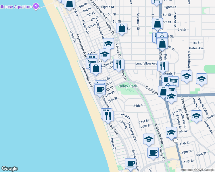 map of restaurants, bars, coffee shops, grocery stores, and more near 318 29th Court in Hermosa Beach