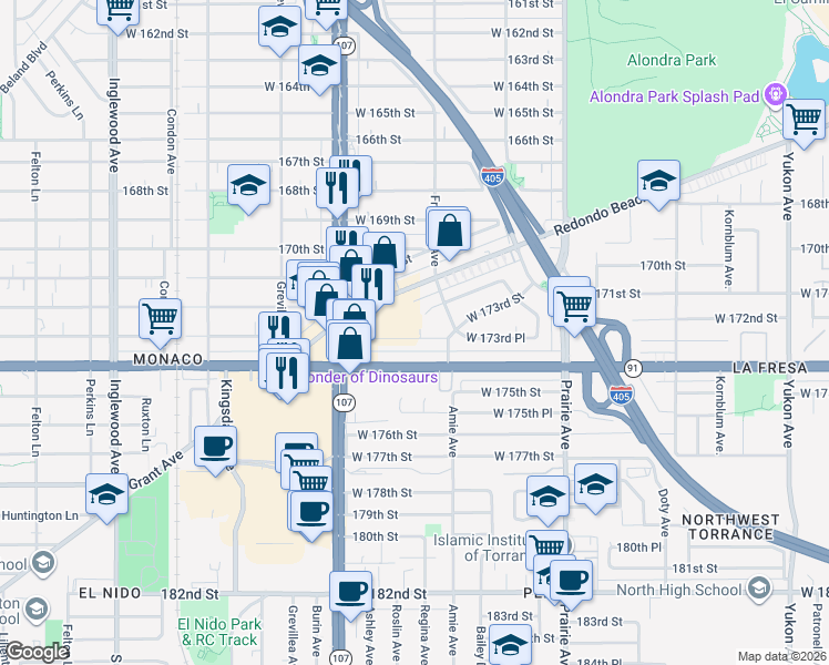 map of restaurants, bars, coffee shops, grocery stores, and more near 4231 West 173rd Street in Torrance