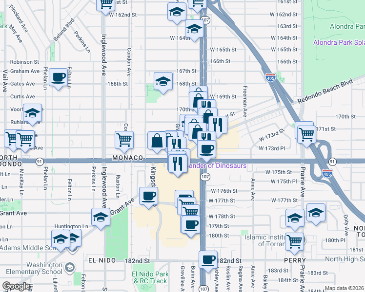 map of restaurants, bars, coffee shops, grocery stores, and more near 4450 West 172nd Street in Lawndale