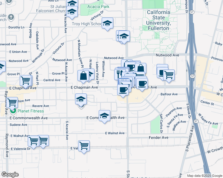 map of restaurants, bars, coffee shops, grocery stores, and more near 2 East Chapman Avenue in Fullerton